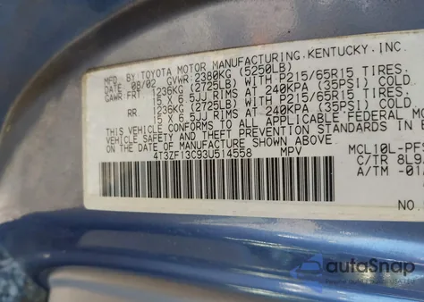 2003 Toyota Sienna Xle z USA, uszkodzony, nr VIN 4T3ZF13C93U514558